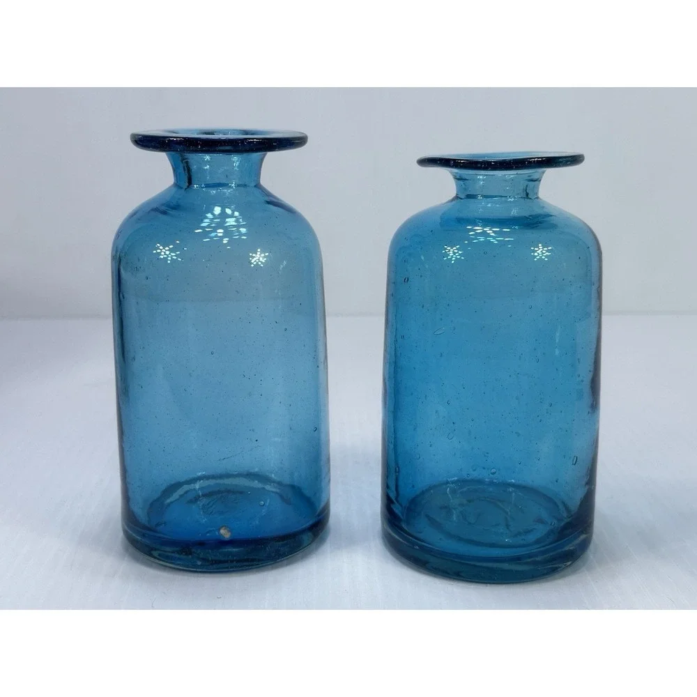 Vintage Hand Blown Blue Glass Vase Made In Mexico Bubbles In The Glass